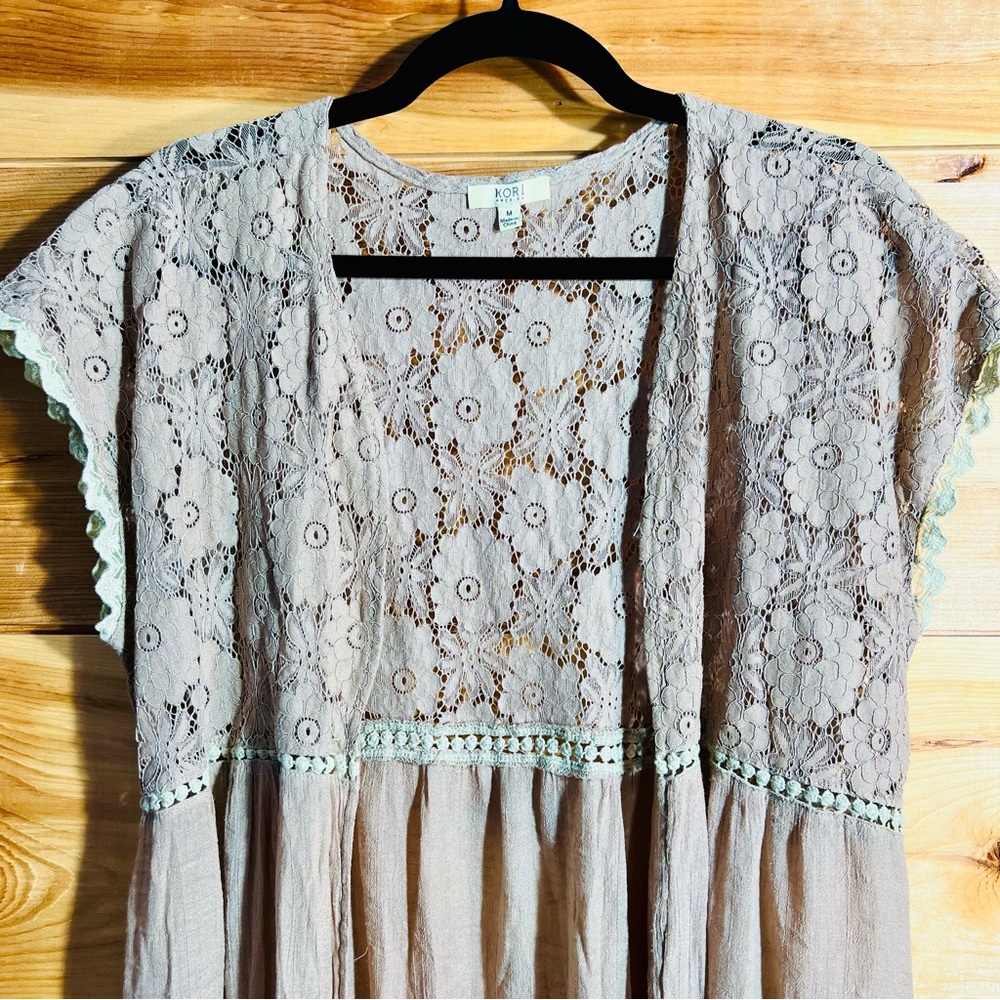Kori Lace Bodice Flowy Taupe Maxi Vest Bohemian Cottagecore Perfection - Picture 2 of 8